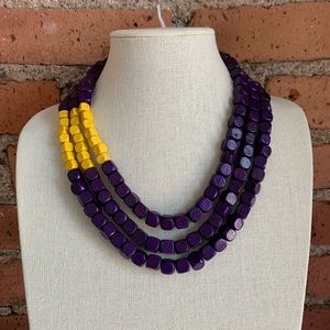 20” Multi Strand (3) Painted Wood Bead Statement Necklace Yellow Purple UNIQUE